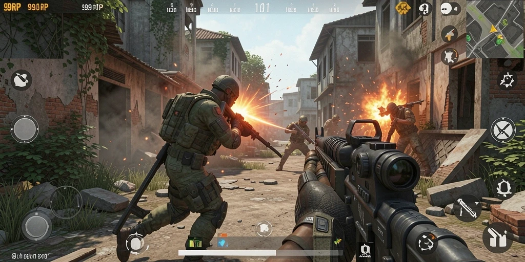 Screenshot gameplay 99RP dengan aksi menembak yang intens