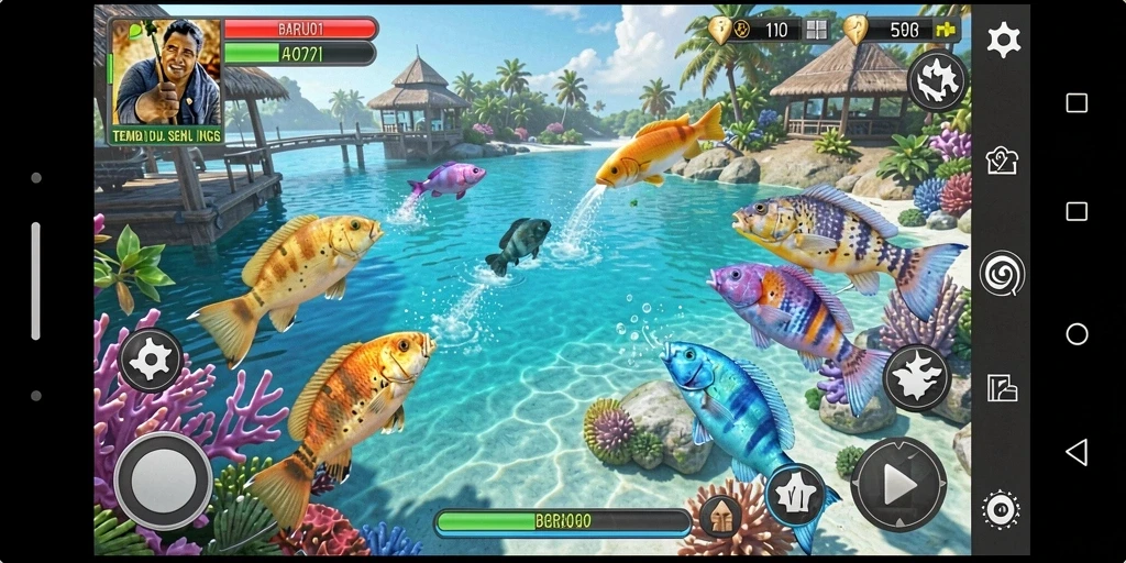Tampilan gameplay BARU01 dengan ikan-ikan berwarna-warni yang menantang.
