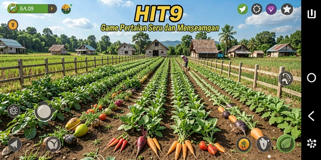 Screenshot gameplay HIT9 menampilkan ladang yang subur dan hewan peliharaan.