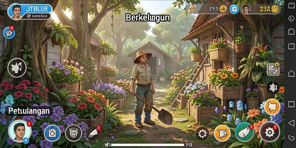 Screenshot JTBLUE menunjukkan gameplay seru dalam berkebun.