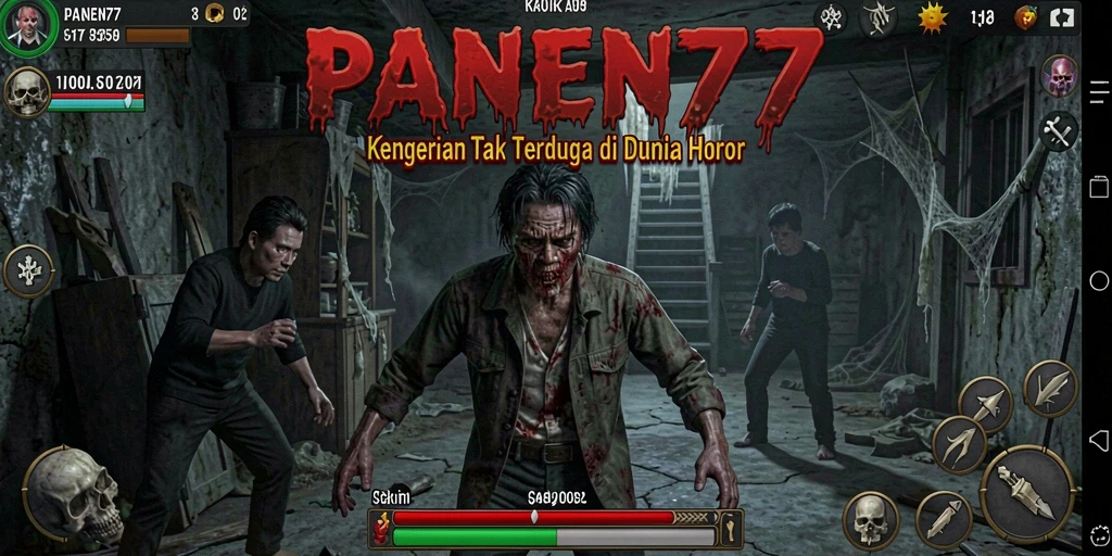 Screenshot gameplay PANEN77 menampilkan momen menegangkan di sebuah rumah berhantu.