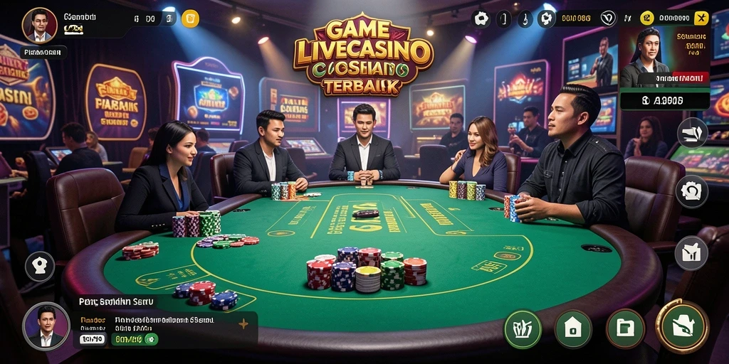 Screenshot gameplay V21 yang menarik dengan dealer langsung dan suasana kasino.
