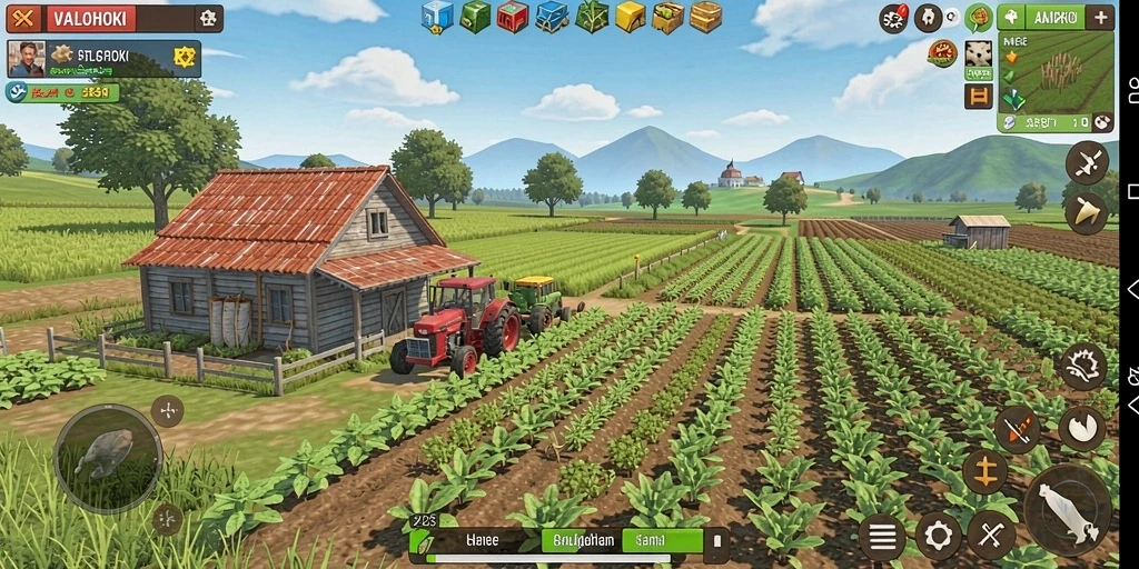 Screenshot gameplay VALOHOKI menampilkan suasana kebun yang indah dan aktivitas pertanian.